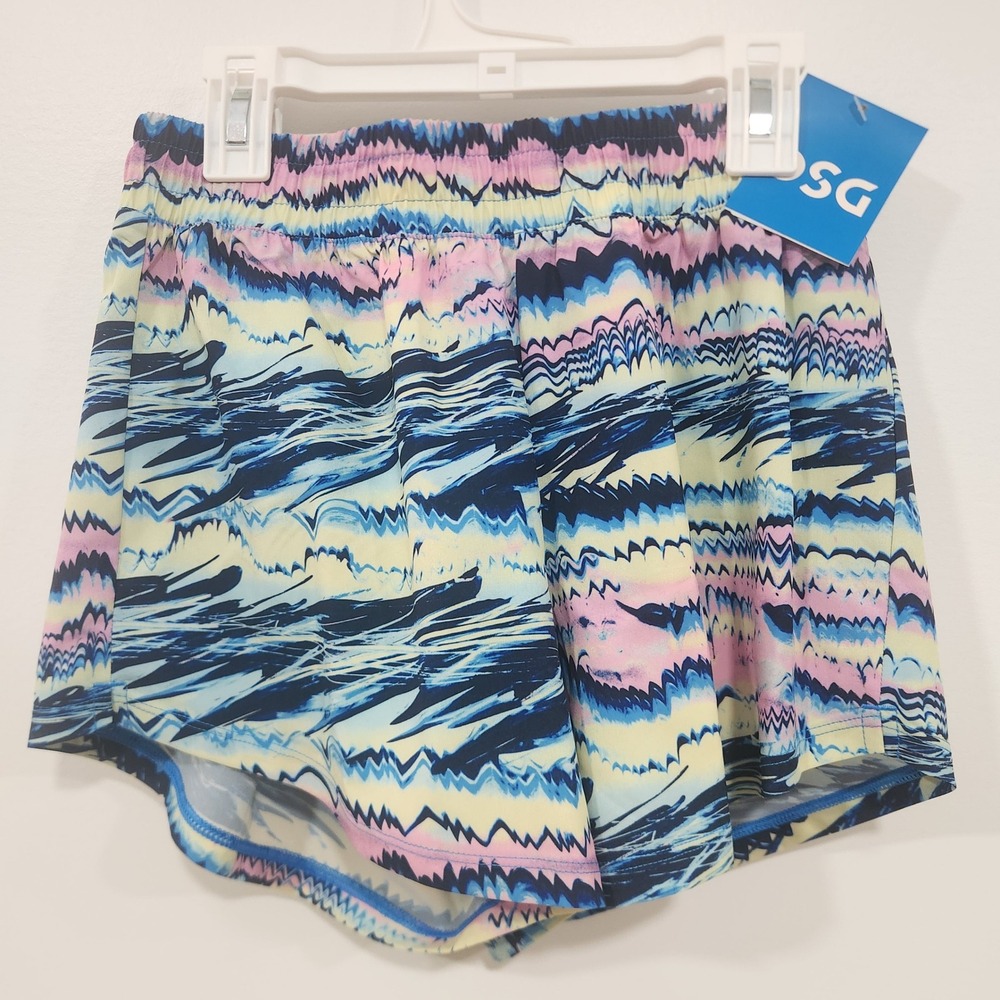 DSG Girls Mid-Rise Stride Shorts Blue Pink Yellow Abstract Print Size Large NWT